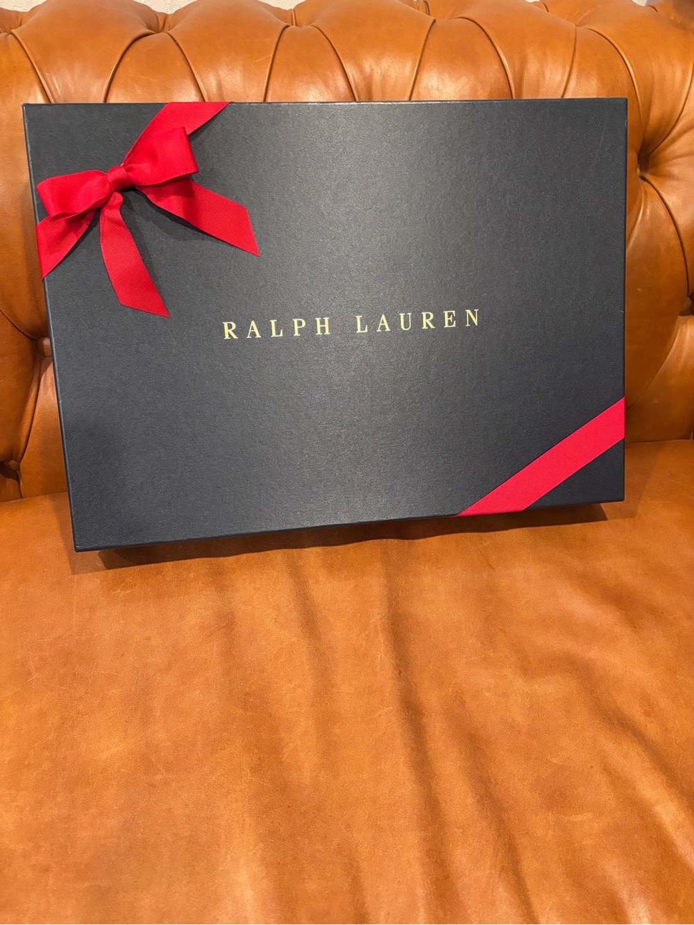 Ralph Lauren Navy Blue Gift Box with Red Ribbon and Tissue